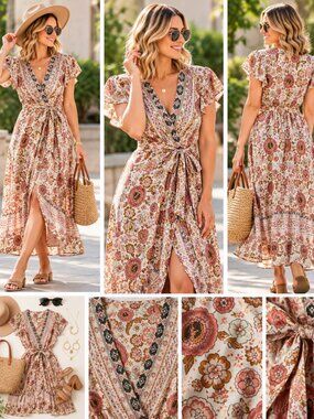 Boho Floral Wrap Maxi Dress L-XL Cream Pink Rust Cottagecore